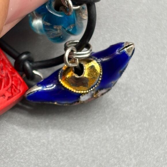 Asian Inspired Charm Bracelet Cloisonné Bone Dice Resin Cinnabar Glass Coin '70s - Picture 5 of 12